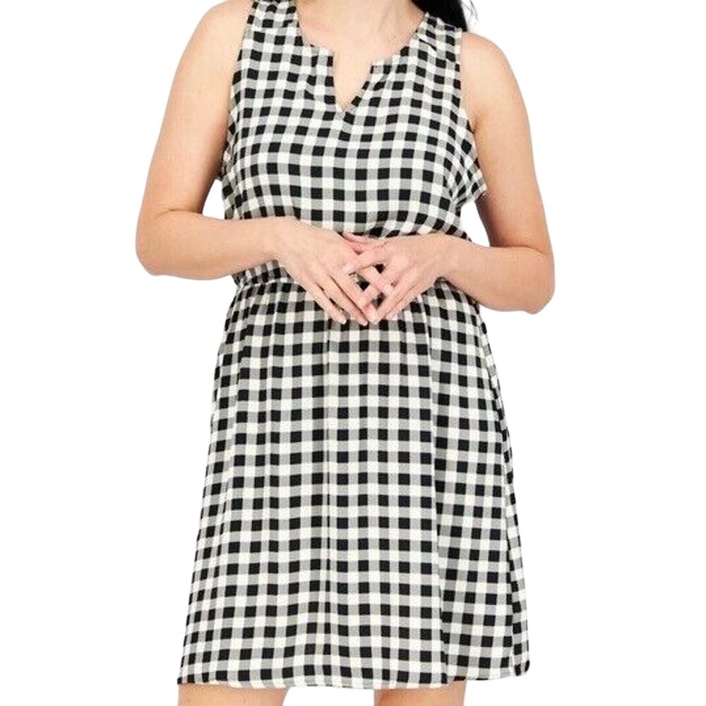 NWT 41 Hawthorn Split Neck Black/White Gingham Check Sleeveless Dress Size L